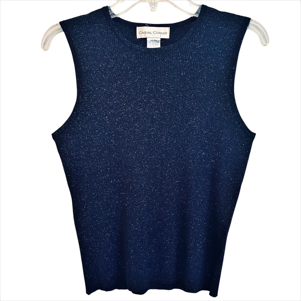 VTG Y2K Casual Corner Knit Tank Top Sweater L Navy Blue Metallic Silk Sleeveless